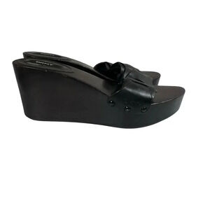 DKNY Sandal Size 8 Black Platform Leather Wooden Wedge Heel Y2K Donna Karen NY